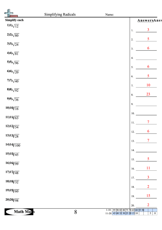 Simplifying Radicals - Math Worksheet With Answer Key printable pdf