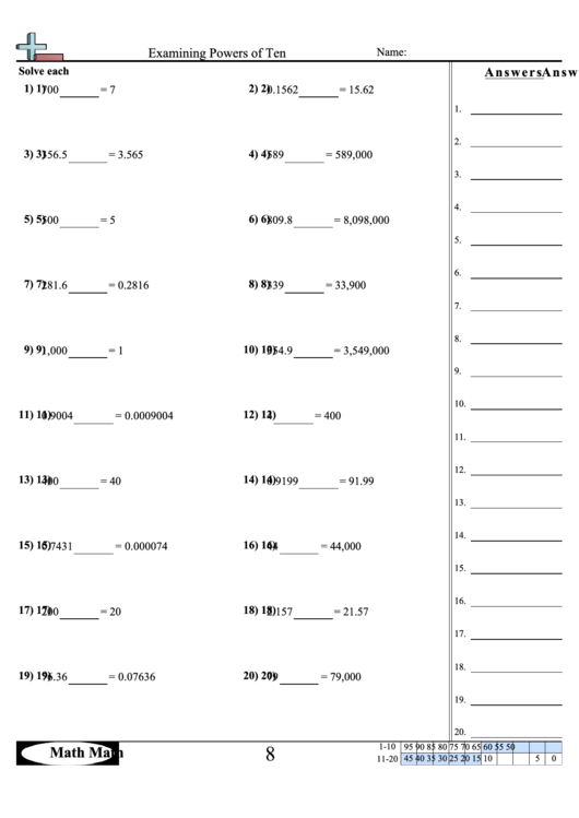 Examining Powers Of Ten Math Worksheet With Answer Key