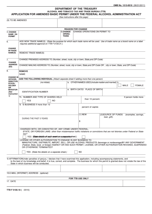 Fillable Form Ttb F 5100.18 Application For Amended Basic Permit