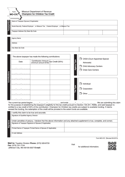Fillable Form MoCic Champion For Children Tax Credit printable pdf