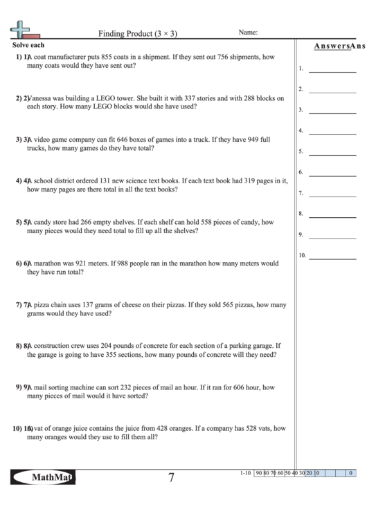Finding Product (3x3) Math Worksheet With Answer Key printable pdf