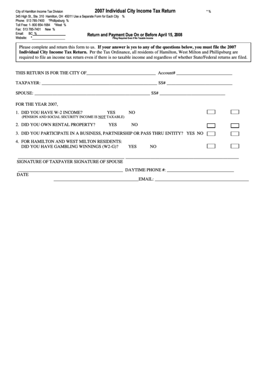 Individual City Tax Return Form City Of Hamilton printable pdf