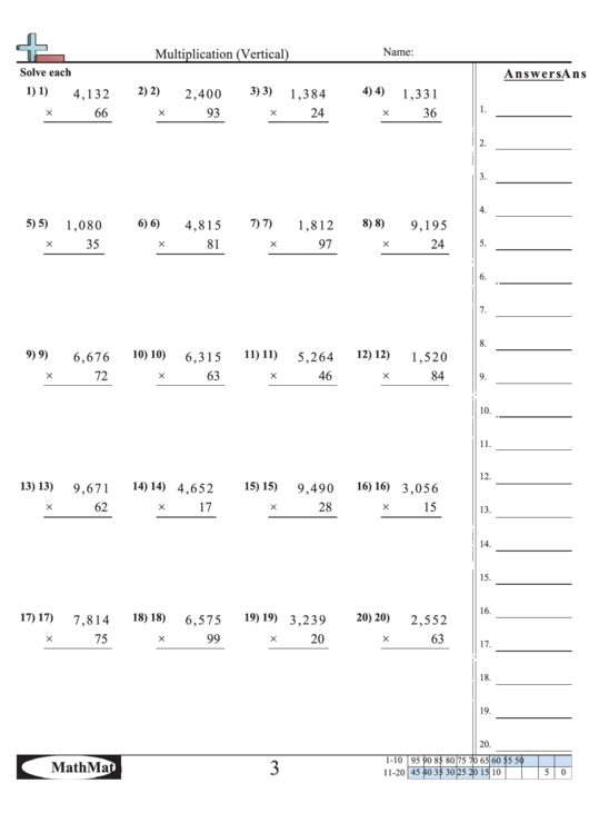 Multiplication (Vertical) Math Worksheet With Answer Key