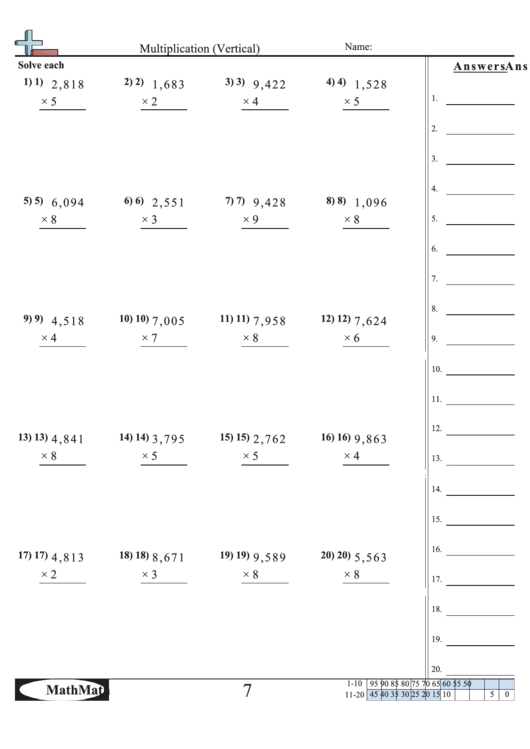 Multiplication (Vertical) Math Worksheet With Answer Key printable