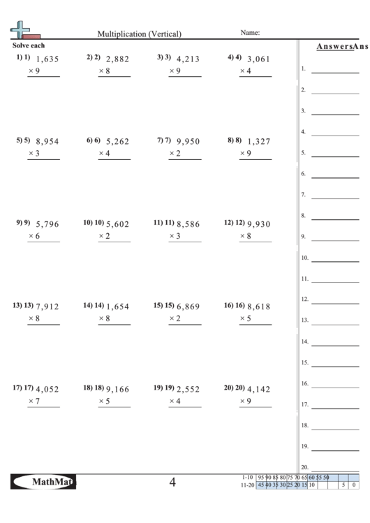 Multiplication (Vertical) Worksheet With Answer Key printable pdf download