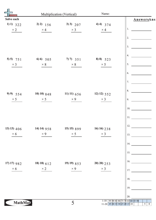 Multiplication (Vertical) Math Worksheet With Answer Key printable