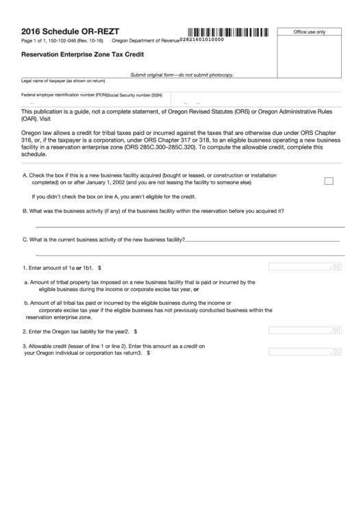 Fillable Form 150102046 Reservation Enterprise Zone Tax Credit 2016 printable pdf download