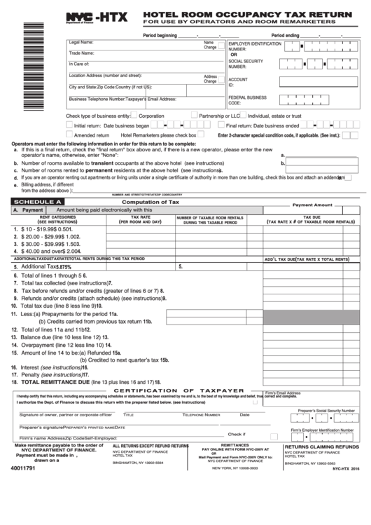Form NycHtx Hotel Room Occupancy Tax Return 2016 printable pdf