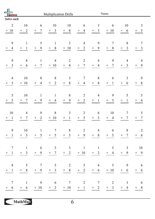 Multiplication Drills Math Worksheet With Answer Key printable pdf download