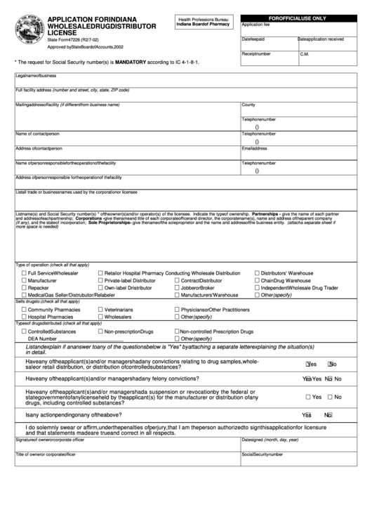 State Form 47228 Application For Indiana Wholesale Drug Distributor