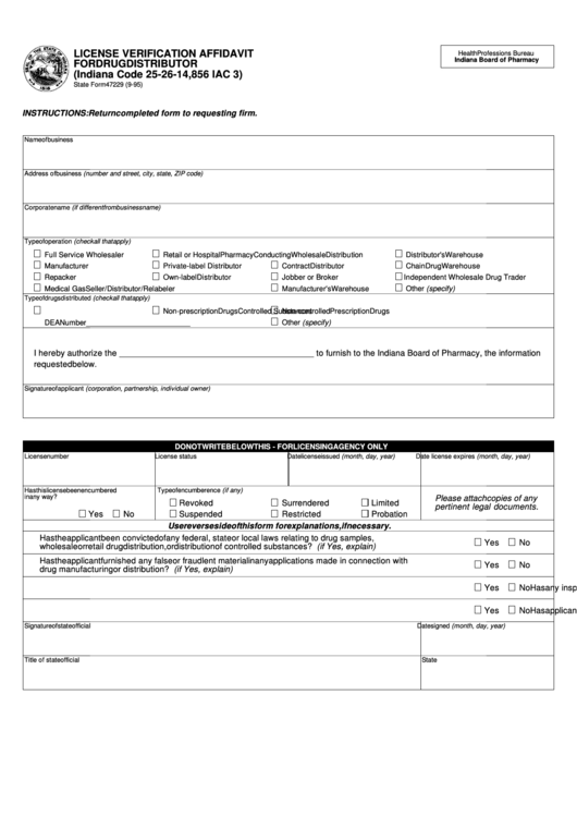 Fillable License Verification Affidavit For Drug Distributor Form