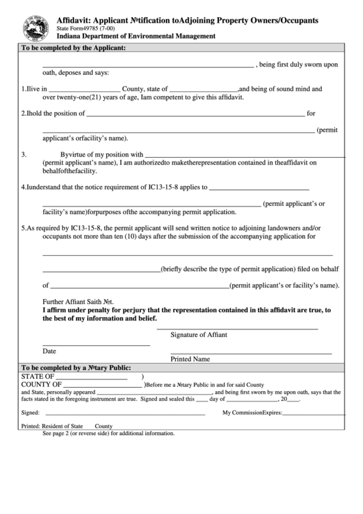Fillable Form 49785 Affidavit Applicant Notification To Adjoining
