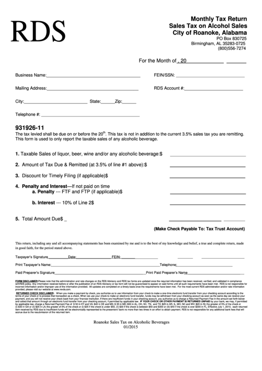 Fillable Rds Monthly Tax Return Sales Tax On Alcohol Sales City Of