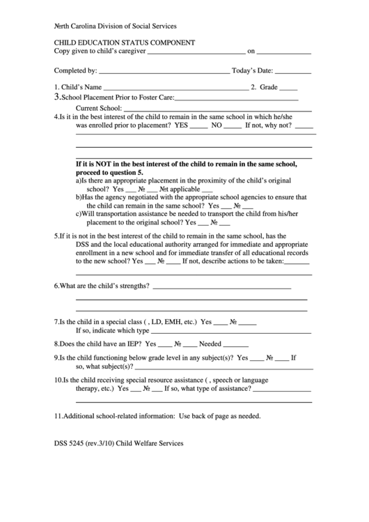 Fillable Form Dss 5245 Child Education Status Component North