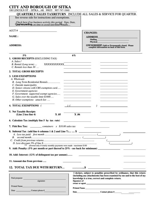 Quarterly Sales Tax Return Form City And Borough Of Sitka printable