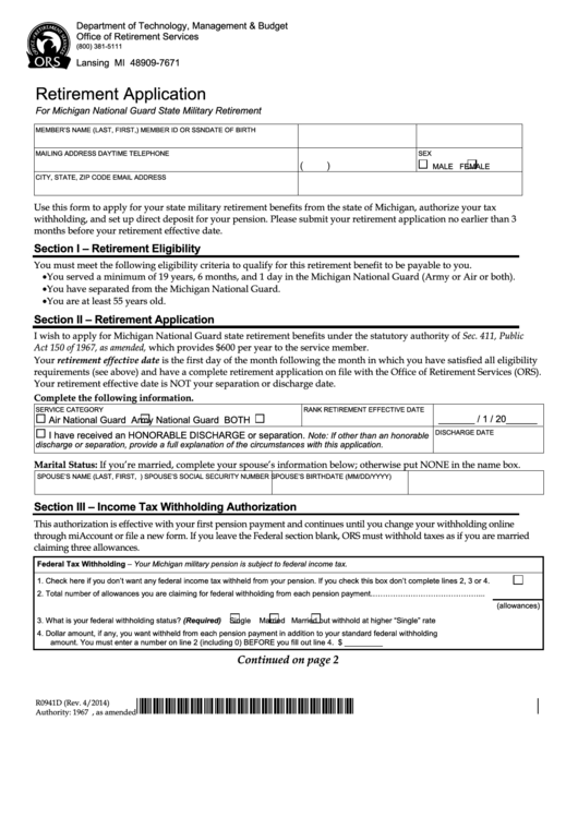 Form R0941d Retirement Application printable pdf download