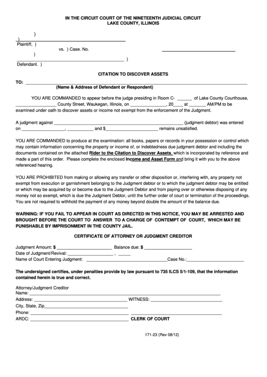 Fillable Form 17123 Citation To Discover Assets printable pdf download