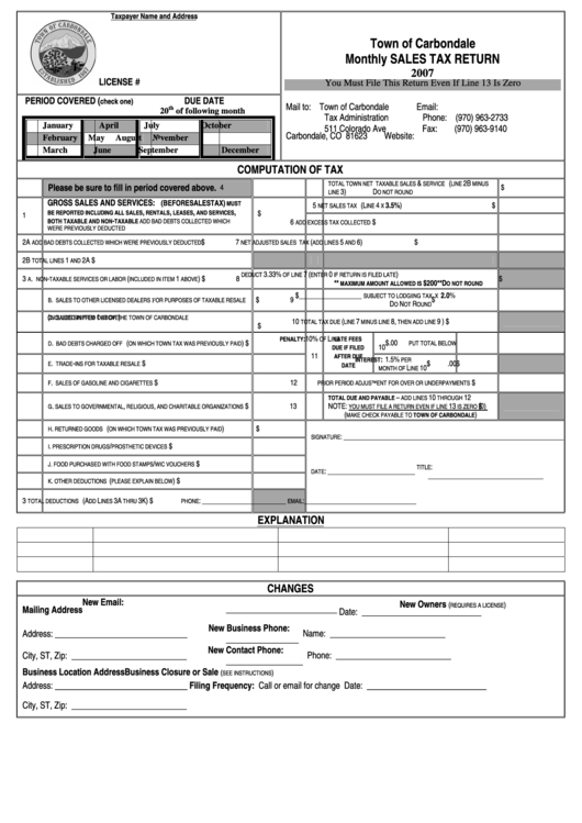 Monthly Sales Tax Return Form Town Of Carbondale 2007 printable pdf
