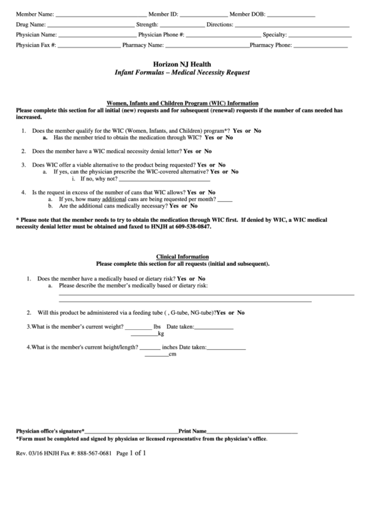 Infant Formulas Medical Necessity Request Form printable pdf download