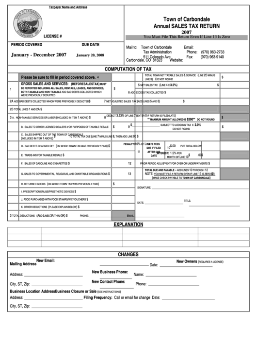 Annual Sales Tax Return Form Town Of Carbondale 2007 printable pdf