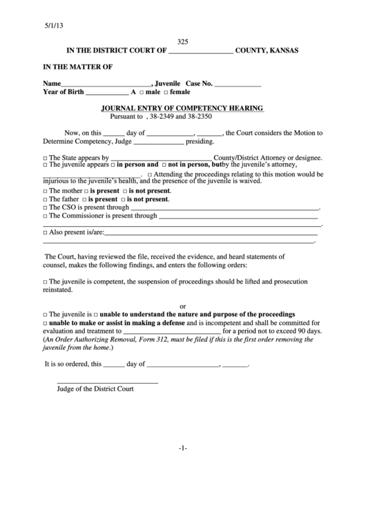 Journal Entry Form Of Competency Hearing Form printable pdf download