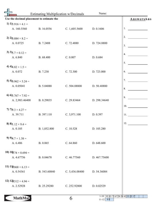 Estimating Multiplication W/decimals Worksheet printable pdf download