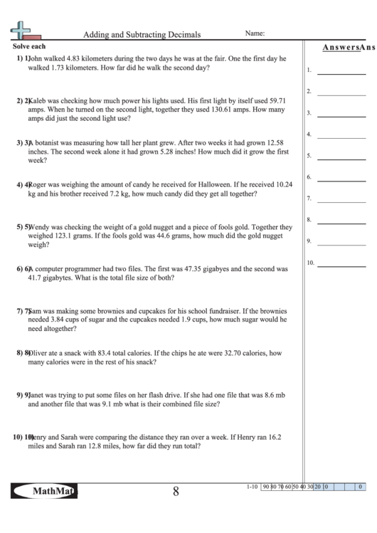 Adding And Subtracting Decimals Worksheet printable pdf download
