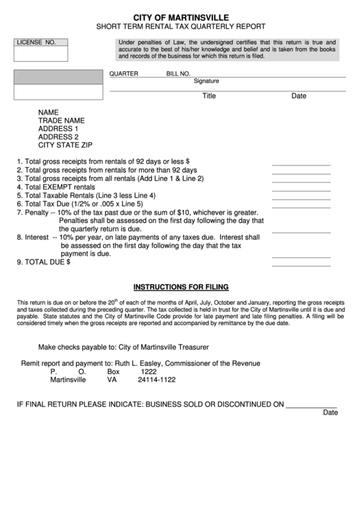 Short Term Rental Tax Quarterly Report Form City Of Martinsville