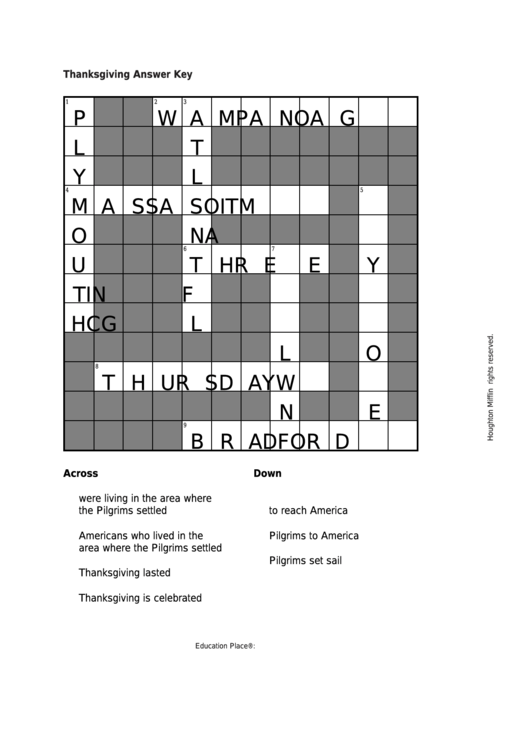 Thanksgiving Crossword Template (Answer Key) printable pdf download