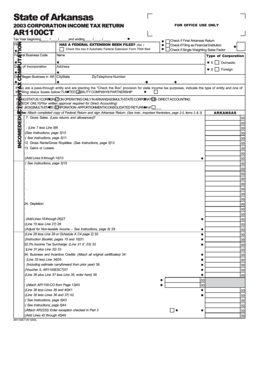 Form Ar1100ct Corporation Tax Return 2003 printable pdf download