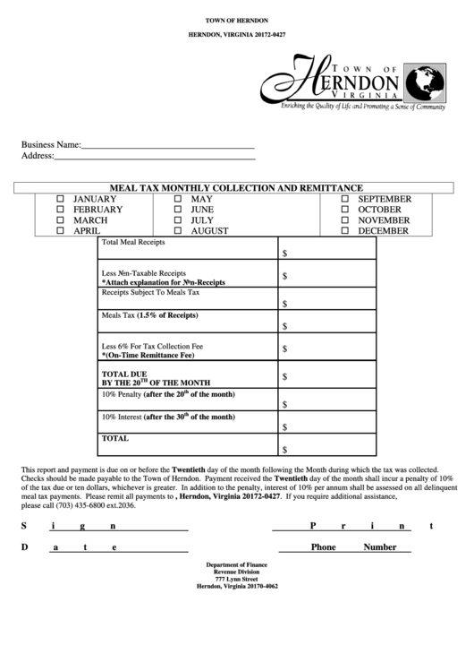 Meal Tax Form Revenue Division Of Department Of Finance Of Town Of
