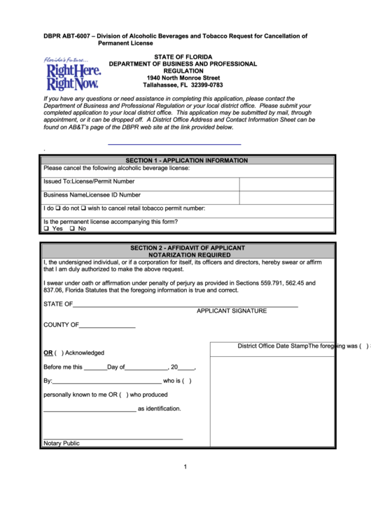 Dbpr Form Abt6007 Division Of Alcoholic Beverages And Tobacco