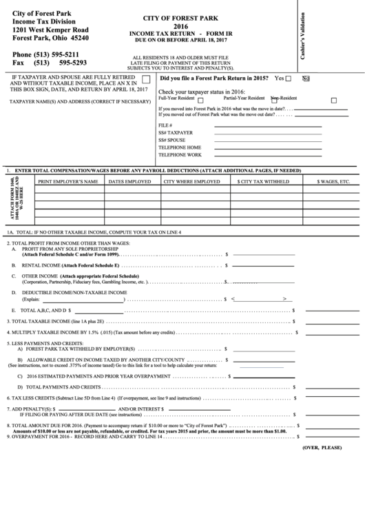 Form Ir Tax Return City Of Forest Park Tax Division