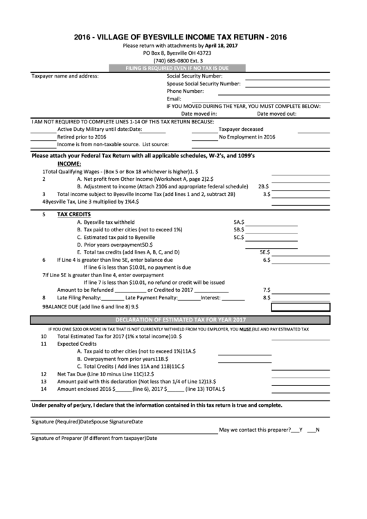 Village Of Byesville Tax Return Form 2016 printable pdf download