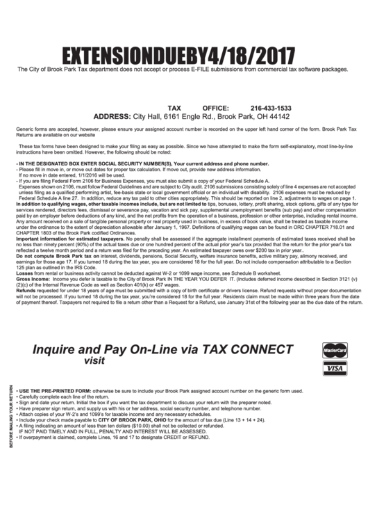 Tax Form City Of Brook Park 2016 printable pdf download
