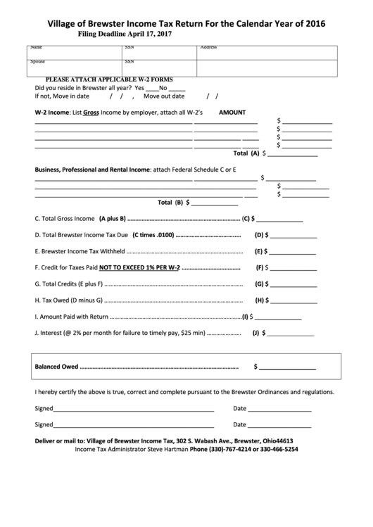 Tax Return Village Of Brewster 2016 printable pdf download