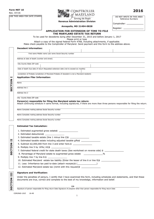 Fillable Form Met 1e Application For Extension Of Time To File