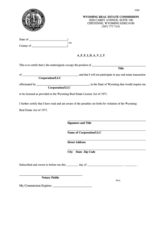 Affidavit Form Wyoming Real Estate Commission printable pdf download