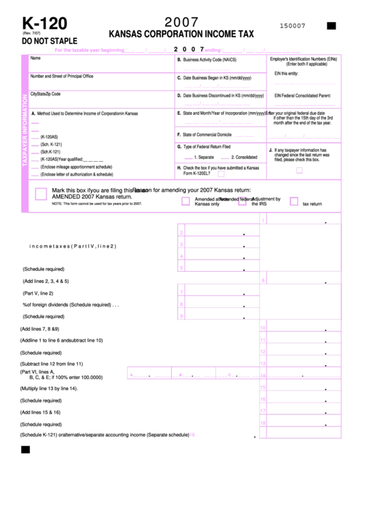 Form K120 Kansas Corporation Tax 2007 printable pdf download