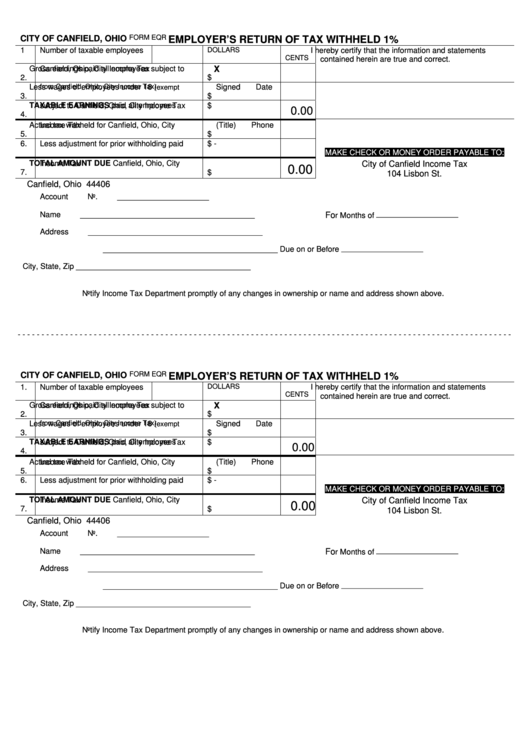 Fillable Employer'S Return Of Tax Withheld Form City Of Canfield