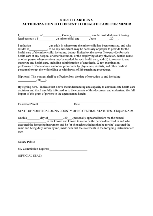 Fillable Authorization To Consent To Health Care For Minor Form North