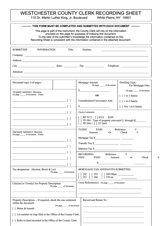 Fillable Westchester County Clerk Recording Sheet Form printable pdf