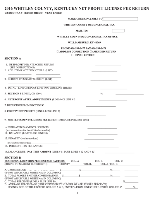 Whitley County, Kentucky Net Profit License Fee Return Form 2016 printable pdf download