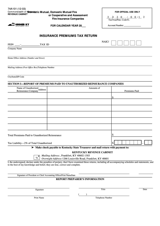 Form 74a101 Insurance Premiums Tax Return Form printable pdf download