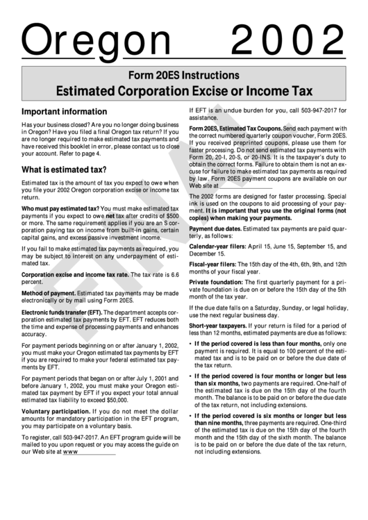 Form 20es Estimated Corporation Excise Or Tax 2002 printable