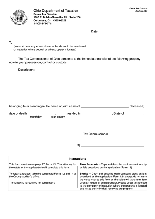 Form 14 Ohio Department Of Taxation Estate Tax Division 1999 printable pdf download