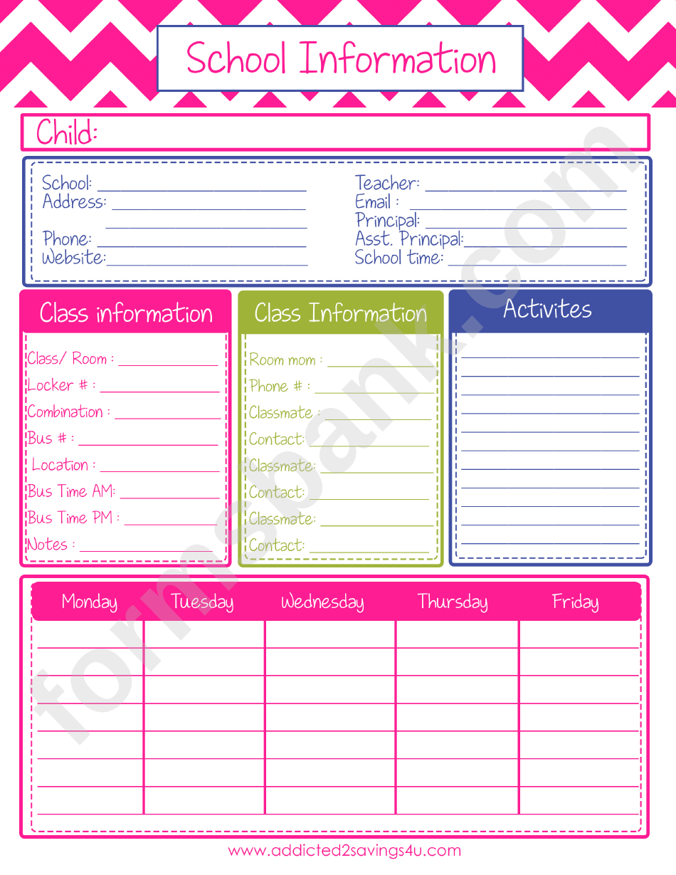 School Student Information Sheet printable pdf download