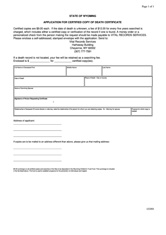 Application For Certified Copy Of Death Certificate Form