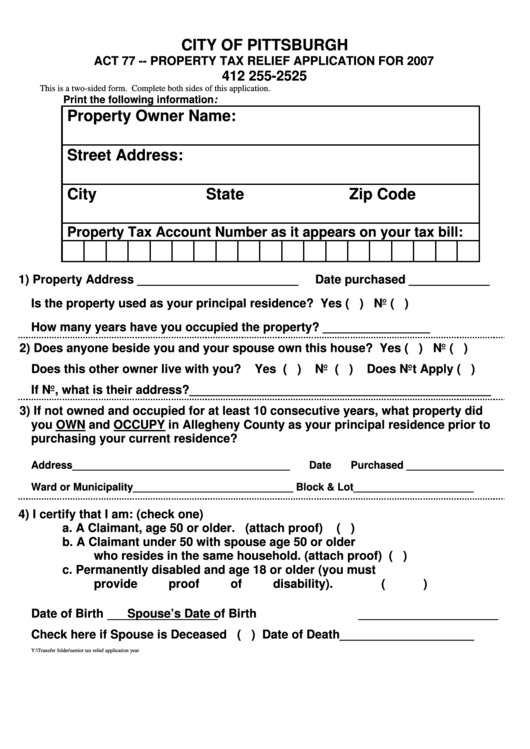 Property Tax Relief Application For 2007 City Of Pittsburgh printable