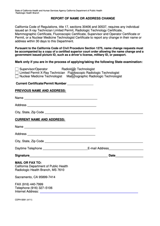 Form Cdph 8391 Report Of Name Or Address Change State Of California